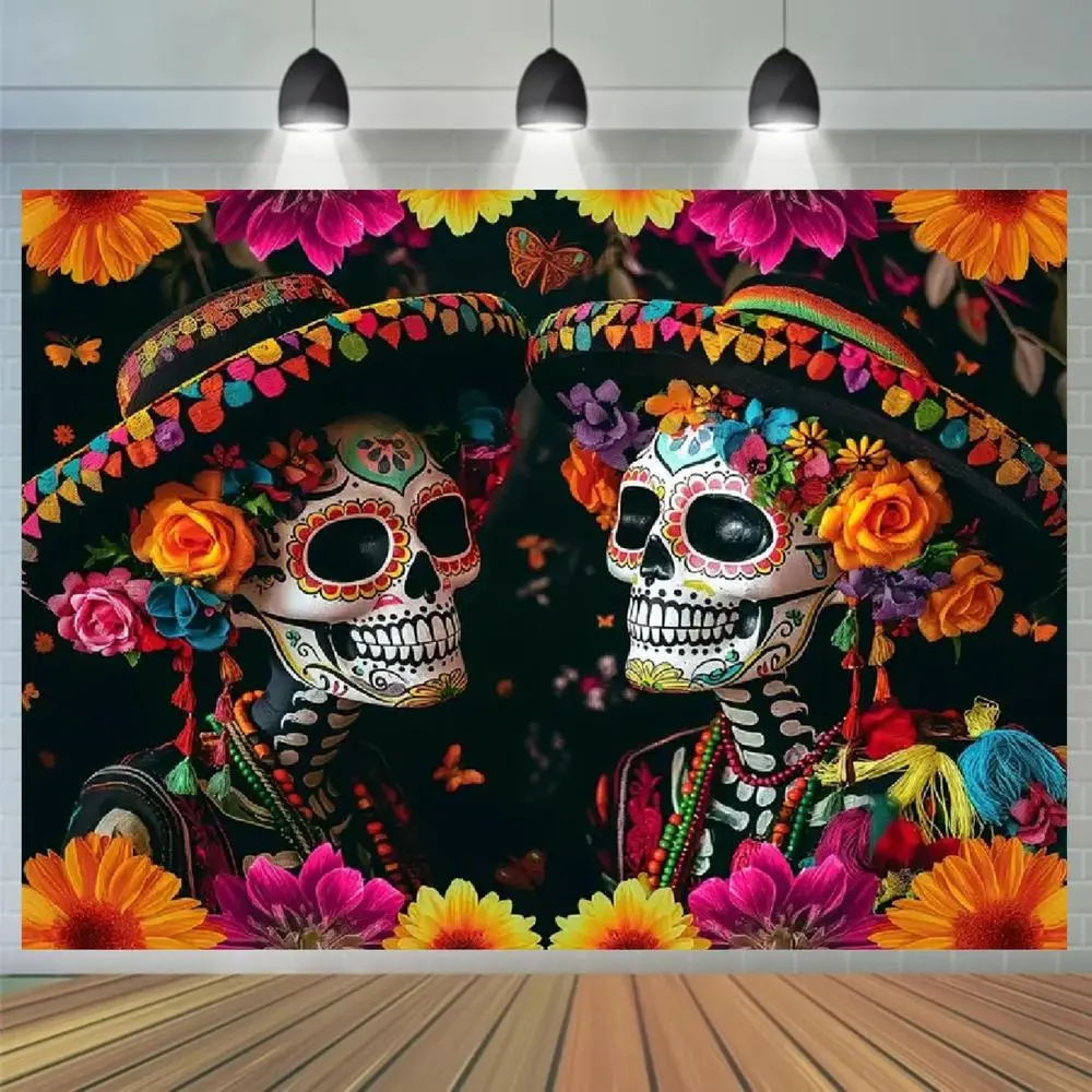 1pc Polyester 2D Flat Backdrop Banners, 152.4*91.44cm/152.4*213.36cm, Day of the Dead Sugar Skeleton & Marigold Design, Mexican Holiday Decor for Birthday Parties, Photo Booth Props