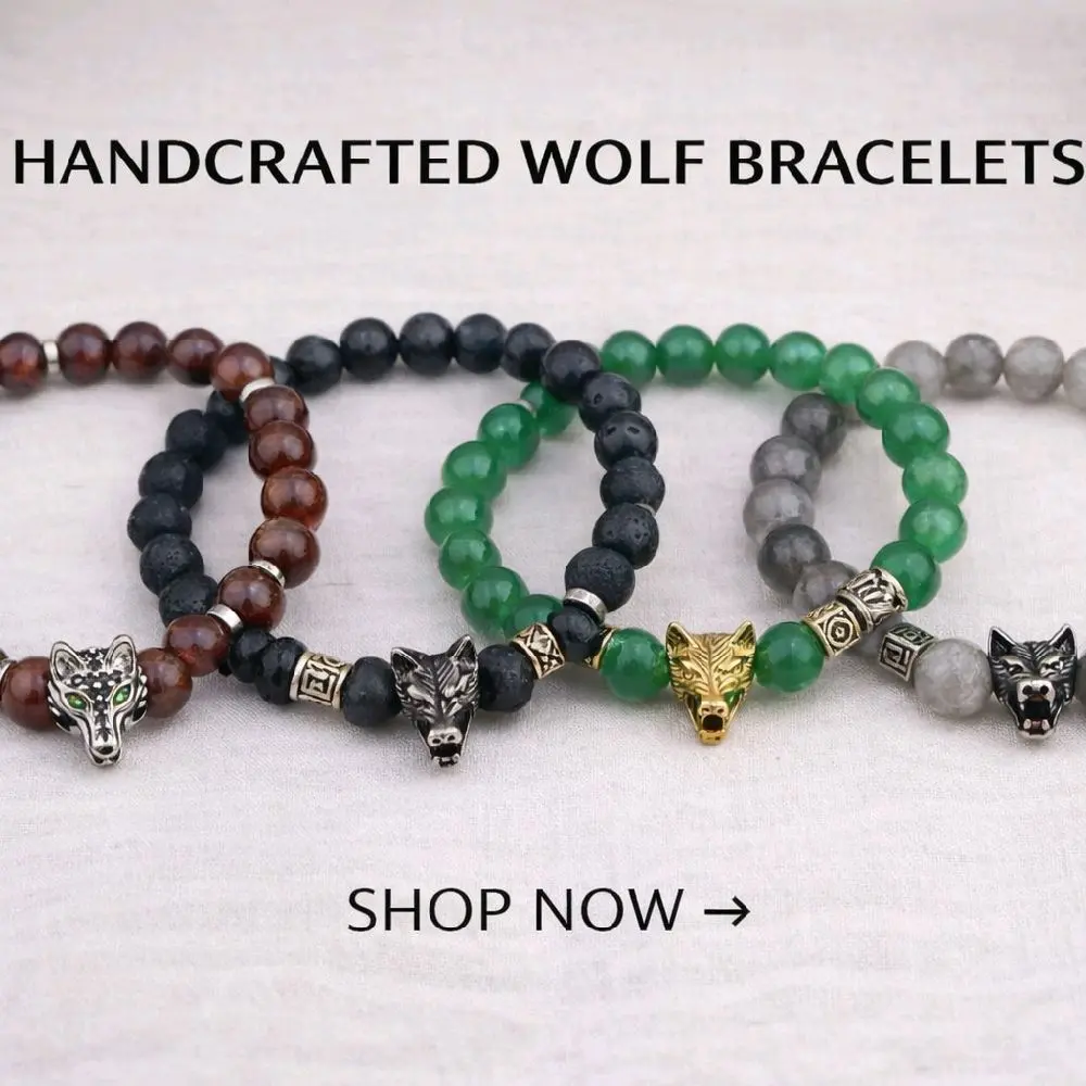 Men's Wolf Healing Bracelet Variety Selection Green Beads with Gold Wolf Charm for Men