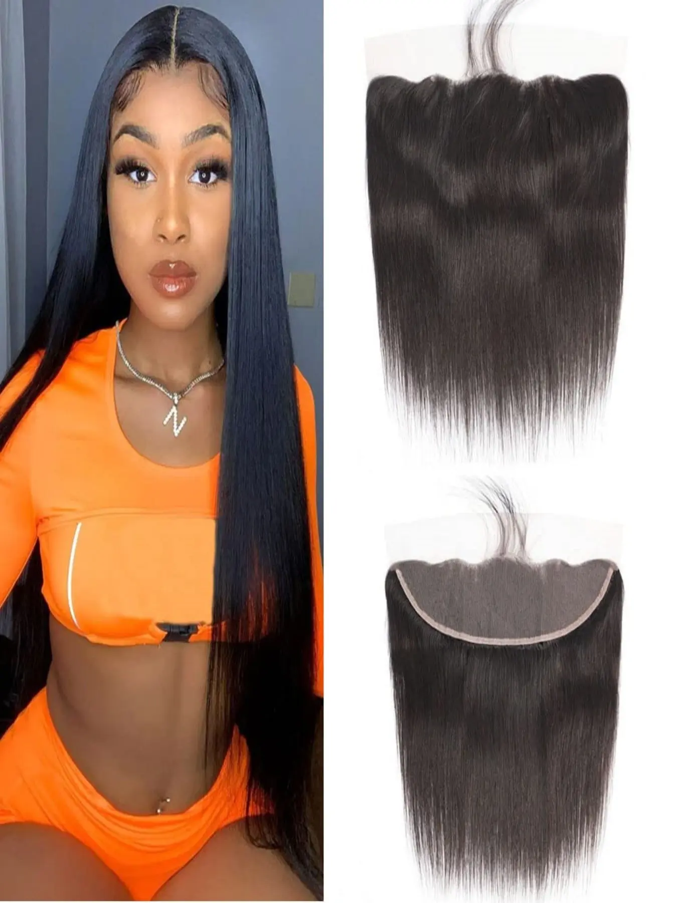 Xinmu Hair 13x4 HD Lace Frontal — 14-inch Brazilian Straight Hair, Ear-to-Ear Coverage. Crafted with HD lace and premium virgin hair; pre-plucked hairline; 150% density; Natural Black.