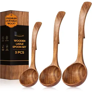 Wooden Ladle for Soup, 3 Size Teak  Ladle Spoon with  Hooks, Heat Resistant Wooden Spoons for Cooking, Non-Stick, Comfortable Grip,  Kitchen Utensils Set for Serving, Stirring