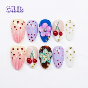 G Nails A98 Strawberry Cherry 10pcs Handmade Press On Nails with 3D Floral Design Pinky&Purple Polkadot for Springnails Premium Craftsmanship