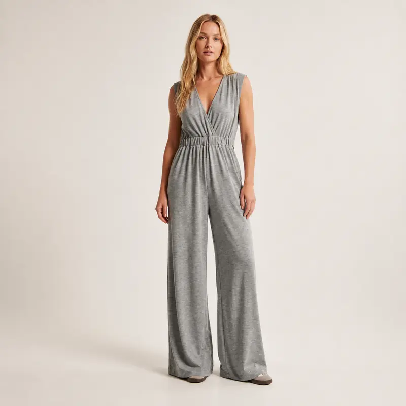 Elengatine Lady's Basic Sleeveless V-Neck Wide-Leg Overalls - Stretchy Elegant Fabric, Comfortable Elastic Waist, Pocketed, Soft Lightweight Loose Fit Casual Jumpsuit for Summer Vacation, Everyday Wear