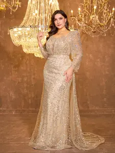 Elegant Long Sleeve Heart Neckline Dress, Rhinestone Decorated Sequined Evening Gown, Random Cut Design, Perfect for Special Occasions