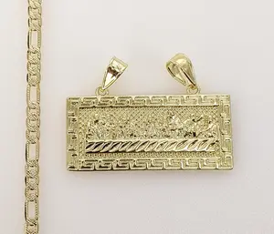 Plated The Last Supper Plaque Pendant 4mm 14K Diamond Cut Figaro Chain Necklace