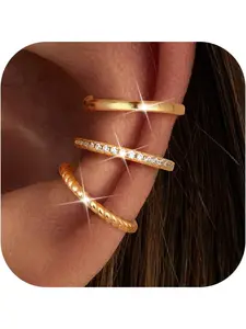 3Pcs Ear Cuffs Non Piercing - 14K Gold Plated/Sterling Silver Ear Cuff Earrings for Women Cubic Zirconia Clip On Cartilage Conch Earrings for Non Pierced Ears Adjustable Fake Earrings Set Hypoallergenic Jewelry