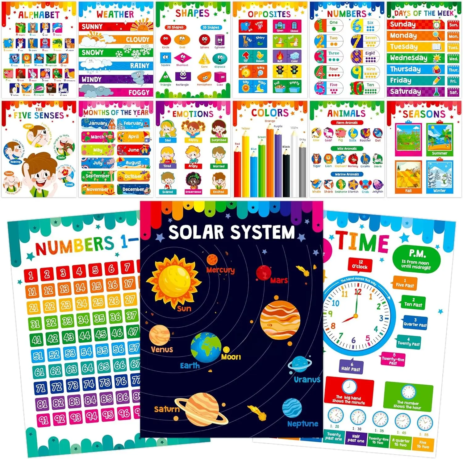 15 Packs Educational Poster, Thick Early Learning Posters  &  Proof with PET Film, Alphabet//Opposites/Emotions/Numbers Posters for    (14.5x11)