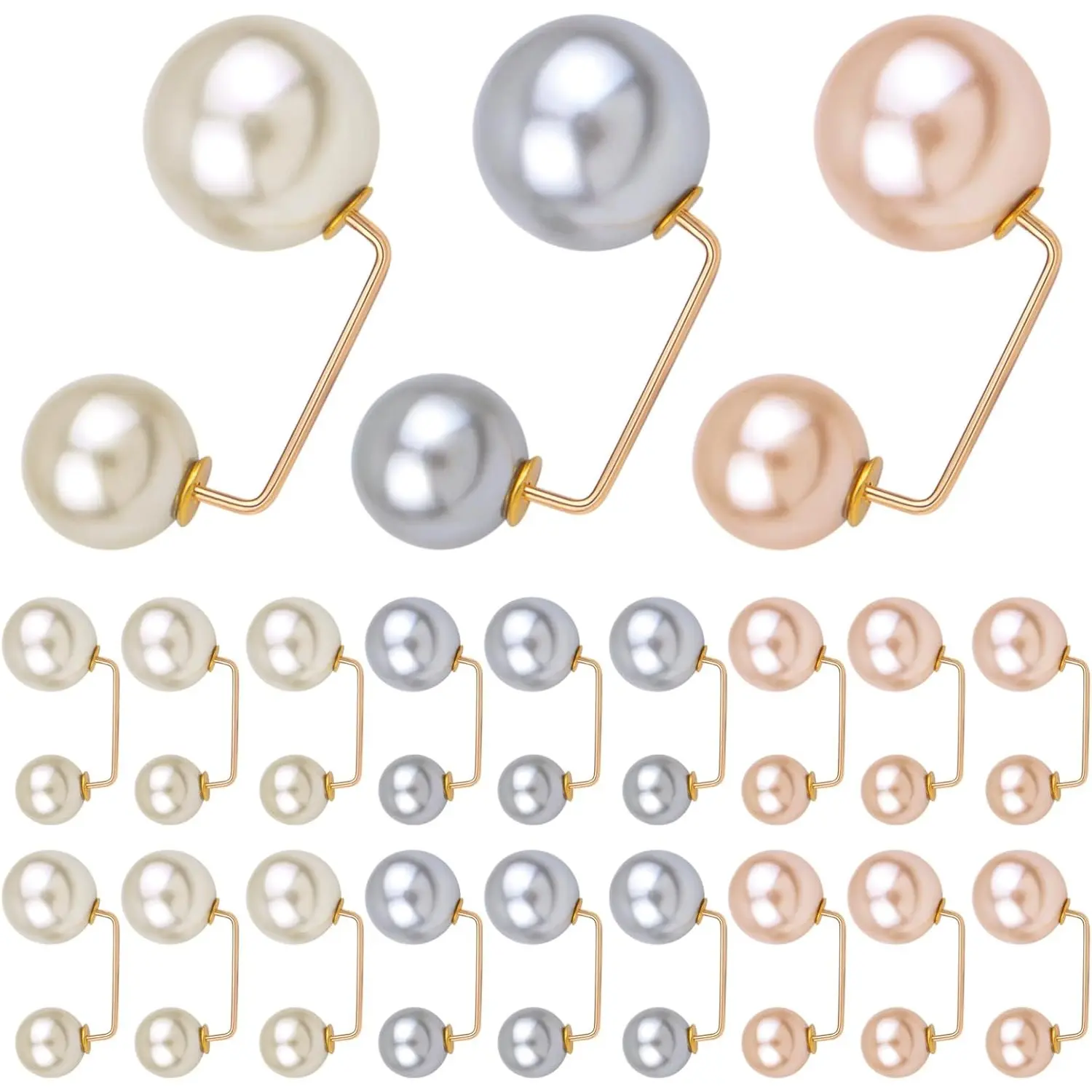 30pcs 3 Colors Faux Pearl Brooch Pins Anti-Exposure Sweater Shirt Shawl Clips Waist Extender Safety Pins for Women Clothing Bag Home Wedding Party Decoration