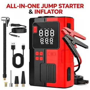 Car air compressor/battery charger unit, multifunctional tire inflator, car emergency starting power supply, portable power bank, 2-in-1 portable emergency tool, LED light, essential tool for car outdoor use