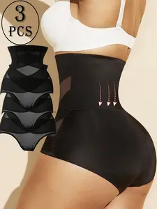 Women's High-Waisted Shapewear Panties, 1/2/3/4pcs, Breathable Mesh, Anti-Slip Fishbone Design, Elegant, Chic, Comfortable Summer Underwear