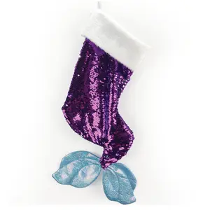 Giftsforyounow Purple Mermaid Tail Christmas Stocking  Sparkly Sequin Holiday Mantel Decoration With White Fur Cuff
