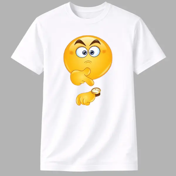 Ms. Lauren Charles Design Men's Cotton Casual Short-Sleeve Round Neck Tee - Funny Thinking Smiley Face, Watch-Pointing Waiting Emoji Cartoon Style Digital Print, Funky Streetwear All-Season Menswear Top