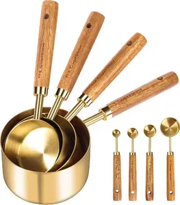 8Pcs Gold Measuring Cups and Spoons Set, Wood Handle with Metric and US Measurements, Premium Stainless Steel Dry & Liquid Measuring Cup for Cooking and Baking