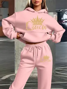 Women's Hooded Sweatshirt Set, Autumn Winter Crown & Queen Text Print, Elegant Luxury Style, Embroidery, Casual