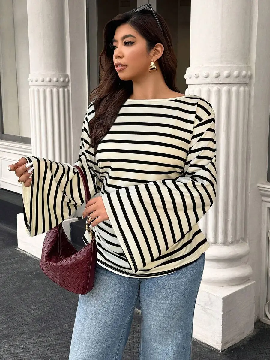 LUNA LAYER Womens Loose Collar Flare Sleeve Pleated Ribbed Top Black White Casual Long Sleeve
