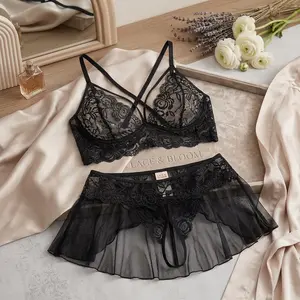 Women's Sexy Lingerie Set - 3 Piece Lace Bralette with Mini Skirt and G-String Crotchless Panties Naughty Outfits for Special Occasions Seductive Comfortable Lace Underwear Fashion Intimate Apparel