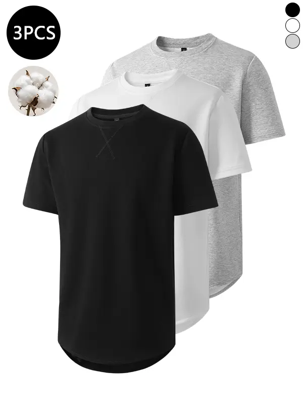 3-pack men’s T-shirts with curved hem, loose fit, cotton blend, moisture-wicking and four-way stretch; breathable casual loose-fit T-shirts suitable for workouts and everyday wear.