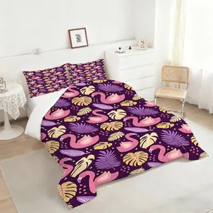 2/3Pcs Tropical Paradise Comforter Set, Colorful Flamingo and Palm Leaf Print Bedding Set, Whimsical Dark Purple Design, Soft and Cozy Comforter, Perfect for Vibrant Bedroom Décor 1 or 2 Pillowcase No Pillow Core