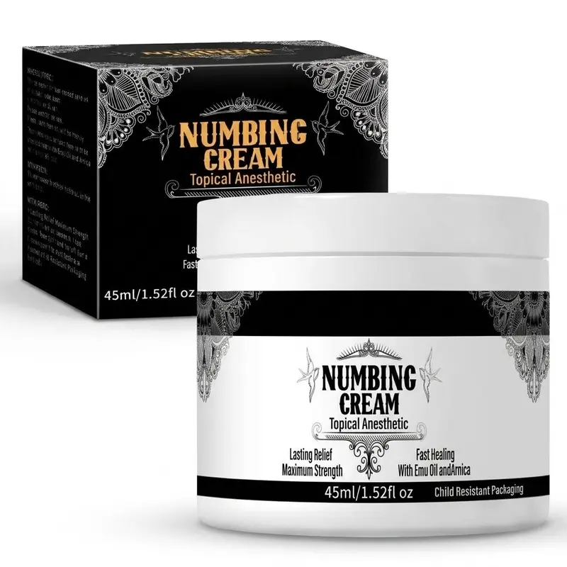 Maximum Strength Numbing Cream – 5% Lidocaine Topical Anesthetic for Tattoos, Waxing, Laser & Microneedling – Fast Healing with Emu Oil & Arnica – Child-Resistant Packaging – 45ml (1.52 fl oz)