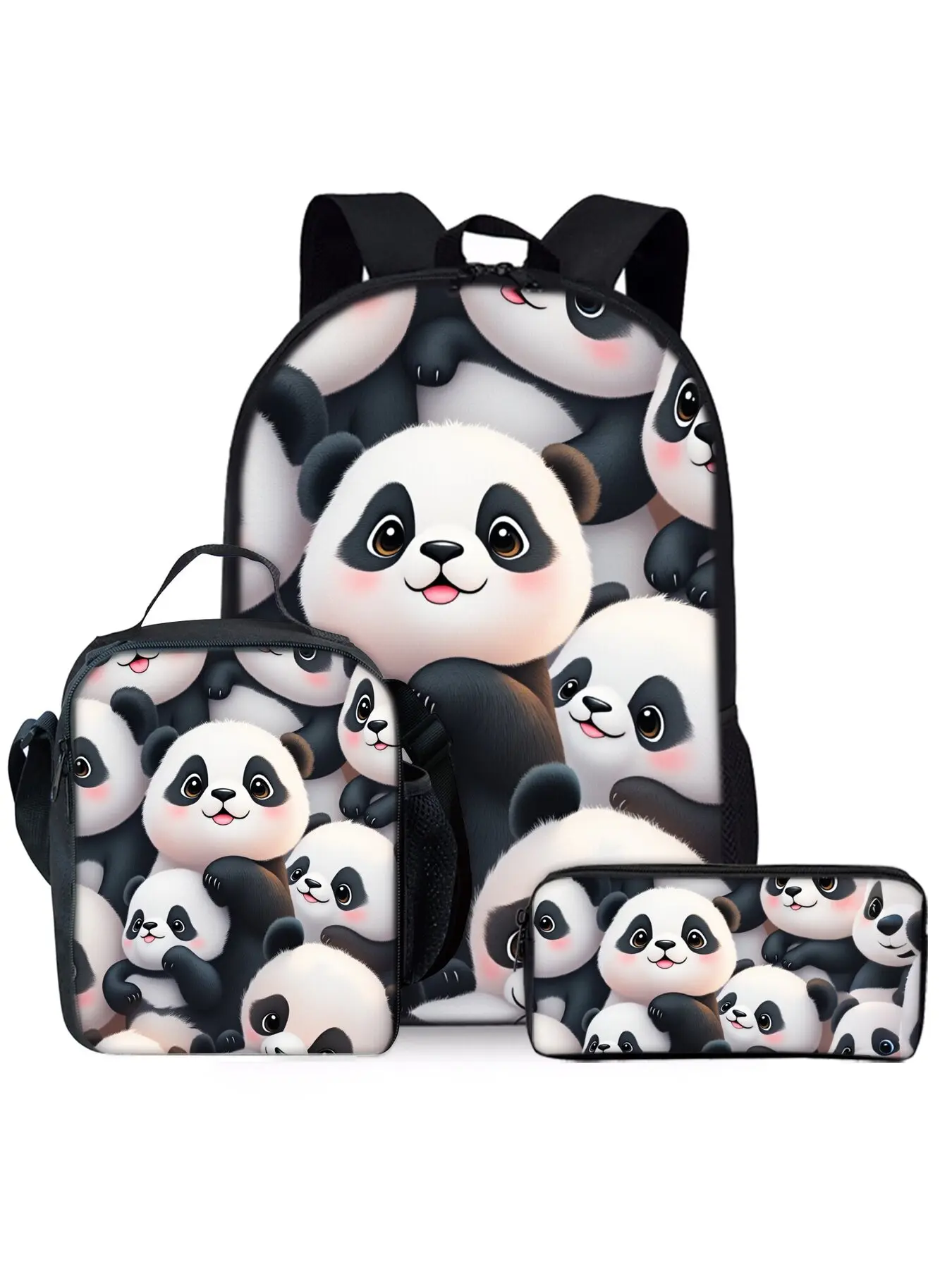 Panda printed backpack cute stylish daypacks three piece set includes lunch bag and pencil case