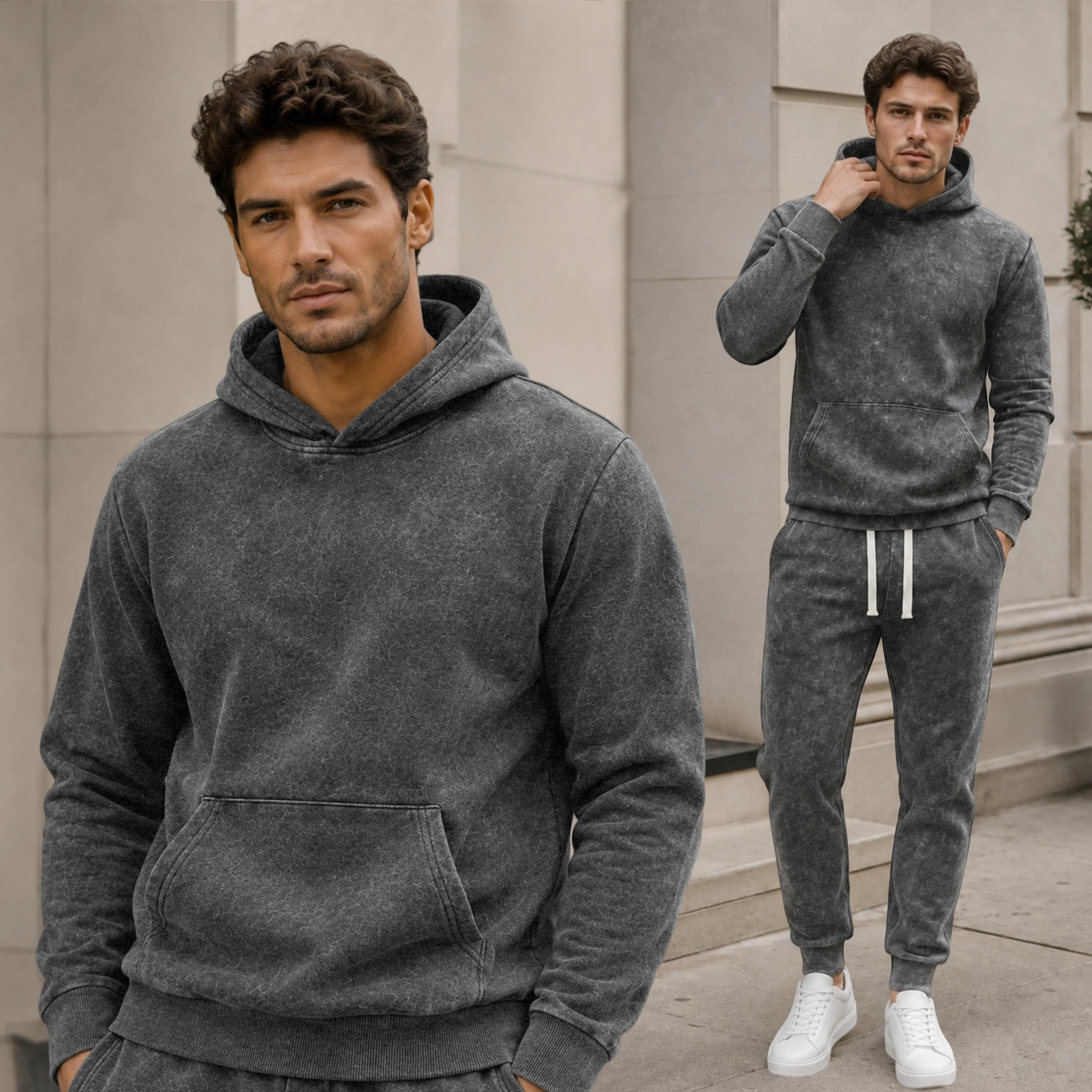 Men's Acid Wash Hoodie & Jogger Set, Soft Breathable Cotton Blend French Terry Long Sleeve 2 Piece Sweatsuit, Vintage Charcoal Grey Streetwear Tracksuit for Fall Winter, Casual Lounge Travel Outfit, Gift for Boyfriend or Husband