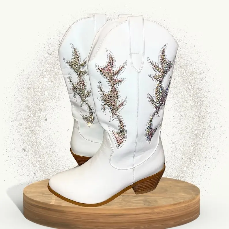 Rhinestone Cowgirl Boots Mid-Calf White Glitter Round Toe
