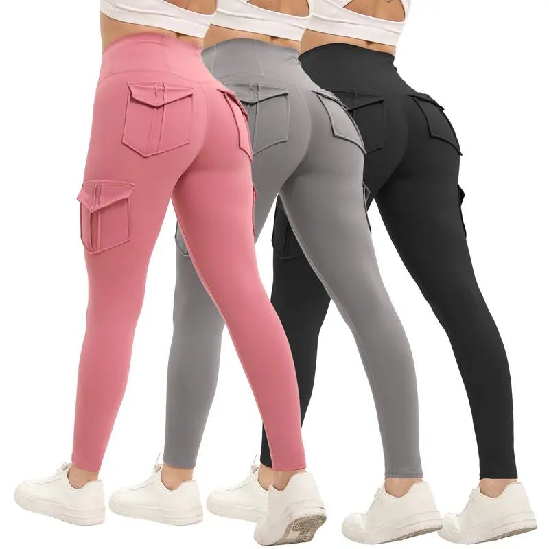 3PCS Women's Butt Lifting Leggings with Flap Pockets High Waist Tummy Control Side Pocket. Sporty, Comfy and Breathablal for Yoga, Gym, Workoe and Running Ladies' Activewear for All Seasons