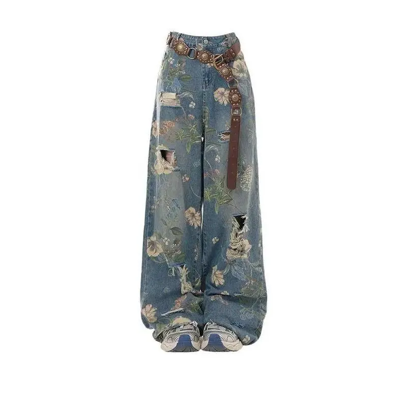 Floral Print Wide-leg Jeans - Retro Y2K High-waist Pants - Trendy Clothing for Women Fashion Womenswear Bottom Everyday Casual Fits