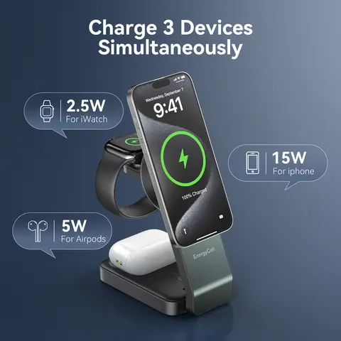 Qi2 Cert. 3-in-1 Magnetic Magsafe Charging Charger Station, 15W Fastcharging Wireless Charger with USB-C Adapter + Cable, Magnetic Ring Attachment, Sleep-Friendly Light, Device Protection for iPhone 16/15/15 Pro/14/13/12, Smart Watch, Earbuds (Black)