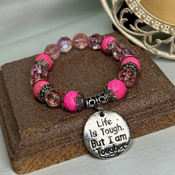Robin Dawkins "I am Tougher" Breast Cancer Awareness Bracelet - 10mm Rose Pink Lava Stone & Acrylic Beads on Strong Stretchy Cord
