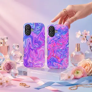 Couple Neon Marble 2D Printed Glossy Tough Phone Case 11 to 17 series S23 to S25 - Liquid Swirl Psychedelic Protect Phone Case - Pink Purple Dreamcore Aesthetic Gift for Cases For 11 12 12Pro 12 Promax 13 14 15 16 17Pro