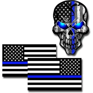 Swiilpo 3PCS Reflective American Flag Thin Blue Line Sticker, Thin Blue Line Skull Decal, Police Stickers Blue Lives Matter Sticker, Back The Blue Car Decal Law Enforcement Flag Car Bumper Window,By Traiisutor
