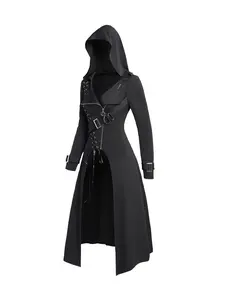 Women's Punk Gothic Hooded Coat Plain Color Lace Up Zip Coat Overcoat For Women Long Sleeve Trench Female Black Coats
