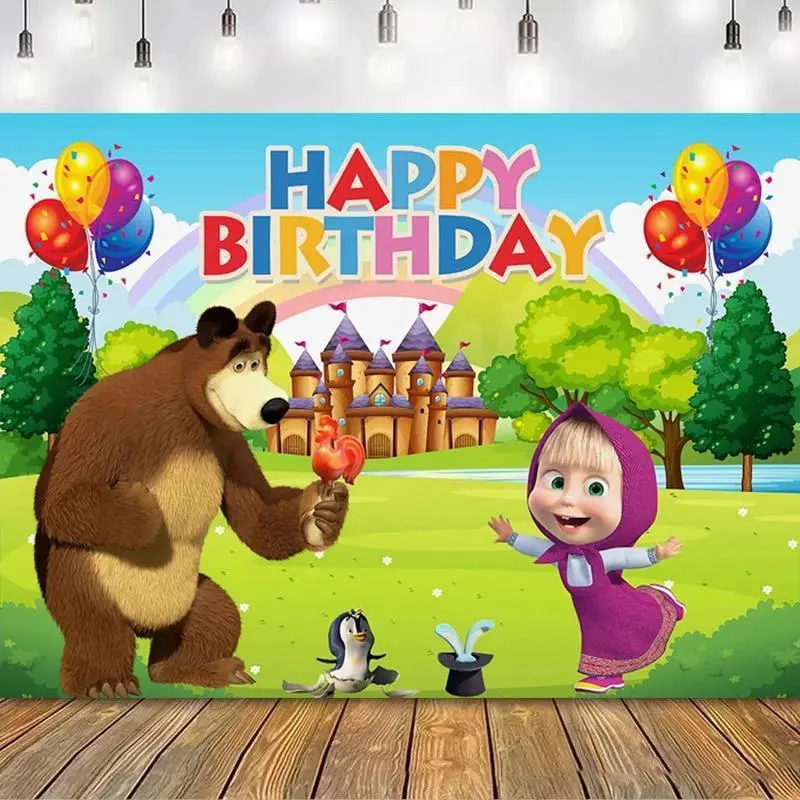 Ma-shas & Bear Theme Linen-Cotton Tapestry - Light, Washable Cloth with Printing, 1st Children's Birthday Party Backdrop, Baby Shower Outdoor Home Decor Supplies 5