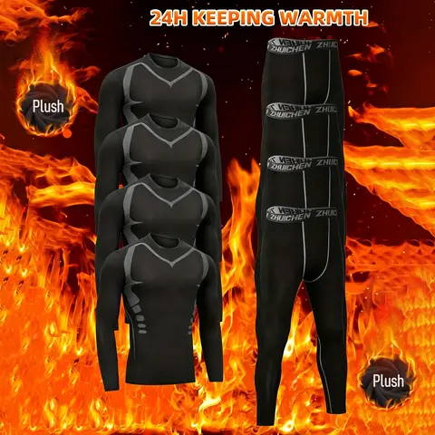 VRYXAL Men's 8pcs Sports Thermal Underwear Set - Plush Body Hugging Tech Fleece Tight-Fitting Colorblock Gear, Thermal Tops, Leggings, 24h Keeping Warmth, for Autumn Winter Running, Training, Gym