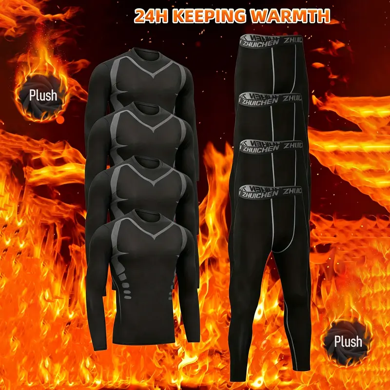 VRYXAL Men's 8pcs Sports Thermal Underwear Set - Plush Body Hugging Tech Fleece Tight-Fitting Colorblock Gear, Thermal Tops, Leggings, 24h Keeping Warmth, for Autumn Winter Running, Training, Gym
