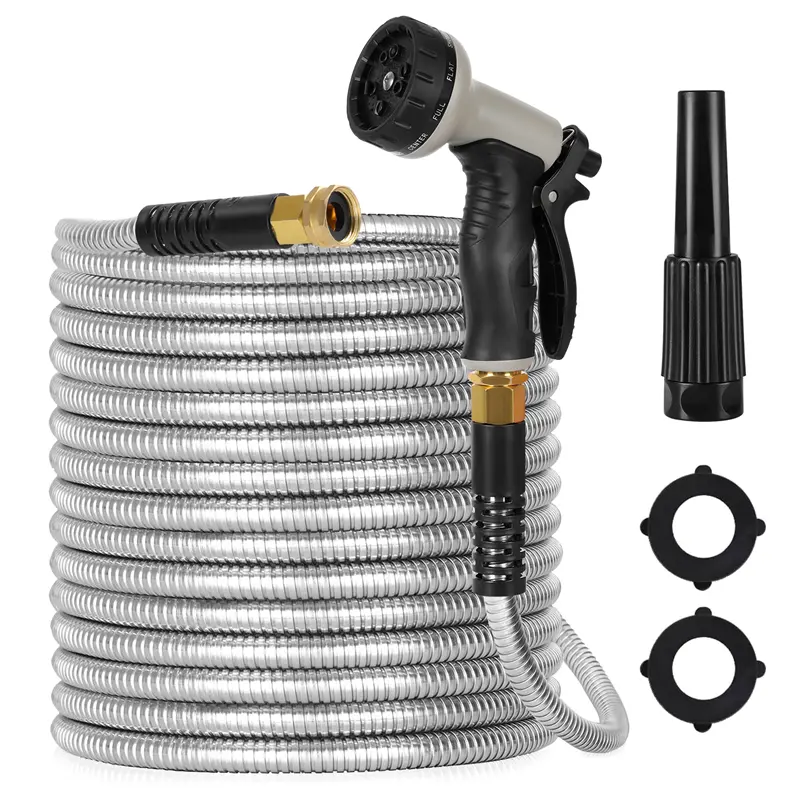 50ft Stainless Steel Portable Kink Resistant Garden Hose - Heavy Duty Flexible Water Pipe with 2 Adjustable 10-Setting Spray Nozzles for Watering & Irrigation, Garden Hoses & Reels Watering Kits