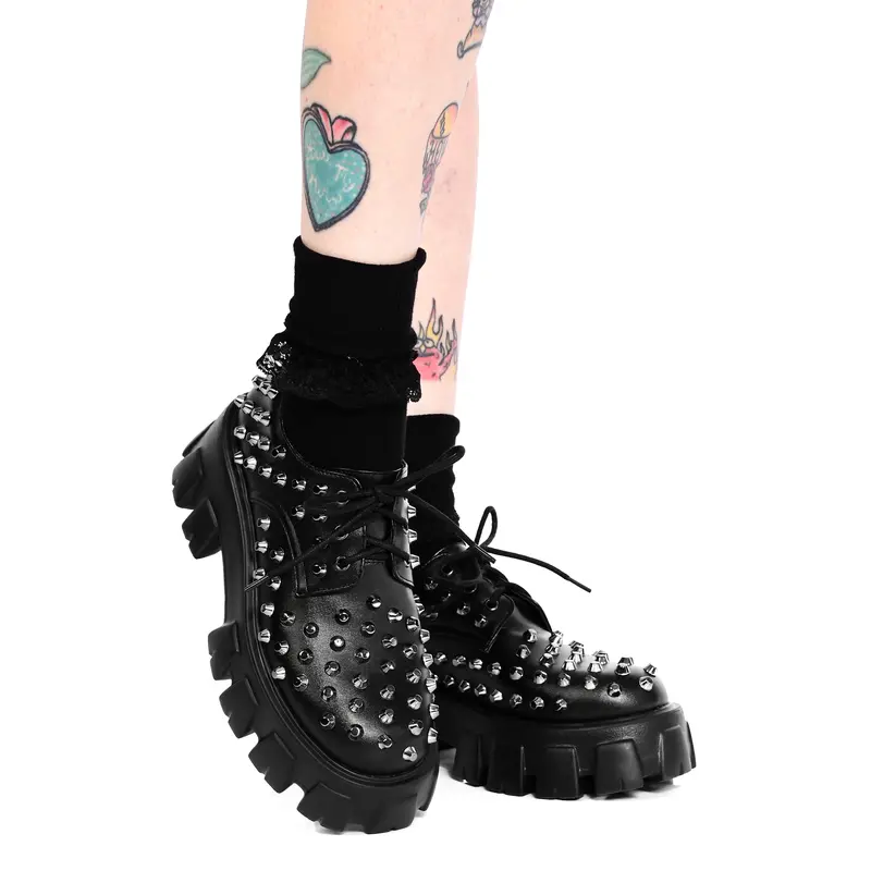 Foxblood Shop Women's Studded Black Rubber Platform Oxfords - PU Classic Lace-Up Footwear, 1.5"-Front 2.5"-Back Lifted, Secure Hold, Lightweight Casual Shoes