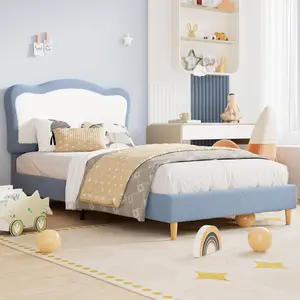 Soft Pink and White Round Boucle Upholstered Bed Frame with Headboard Includes Wood Slats Easy Assembly No Box Spring Required