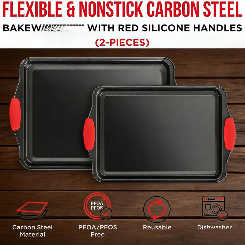 2 Piece Set Non-Stick Carbon Steel Oven Bakeware – Premium Kitchen Cooking Baking Trays – PFOA, PFOS, PTFE-Free Medium & Large Baking Sheet Pans with Soft Red Silicone Handles