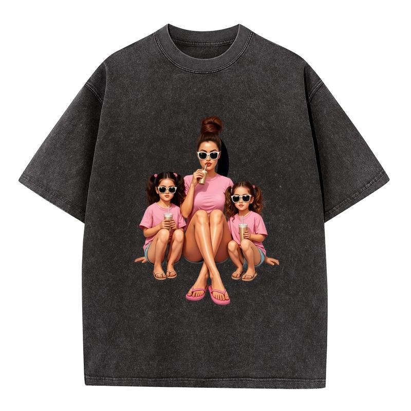 Women's Plus Size Vintage Acid Wash Combed Cotton Graphic Print Short Sleeve Crew Neck Oversized Curvy Tee - Family Match Mom and Daughter Tops