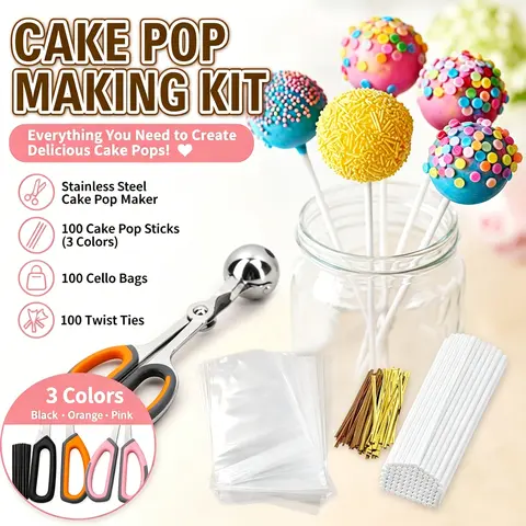 301PCS Stainless Steel Kitchen Pastry Making Accessories Set - 4 inches Assorted Cake Sticks, Parcel Bags, Twist Ties, 1 Cake Pop Mold Handle Clip for Bridal Showers, Graduations, Afternoon Tea Parties (Anniversaries Gifts)