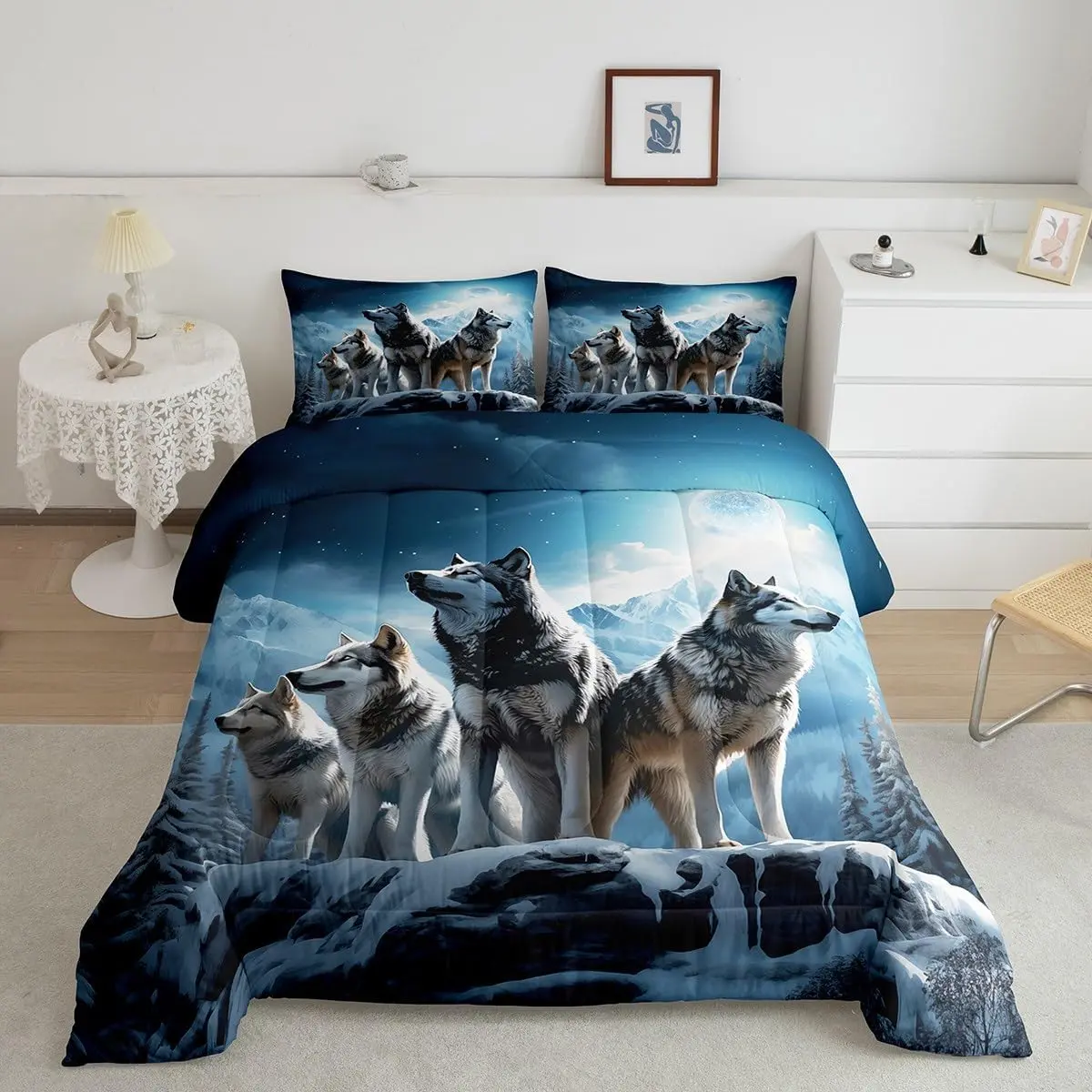 3D Wolf Comforter Set,Wild Animals Bedding Set Men Adult Bedroom Decor,Winter Mountain Scenery Quilt Set Nature Theme Luxury Blue Grey Duvet Insert