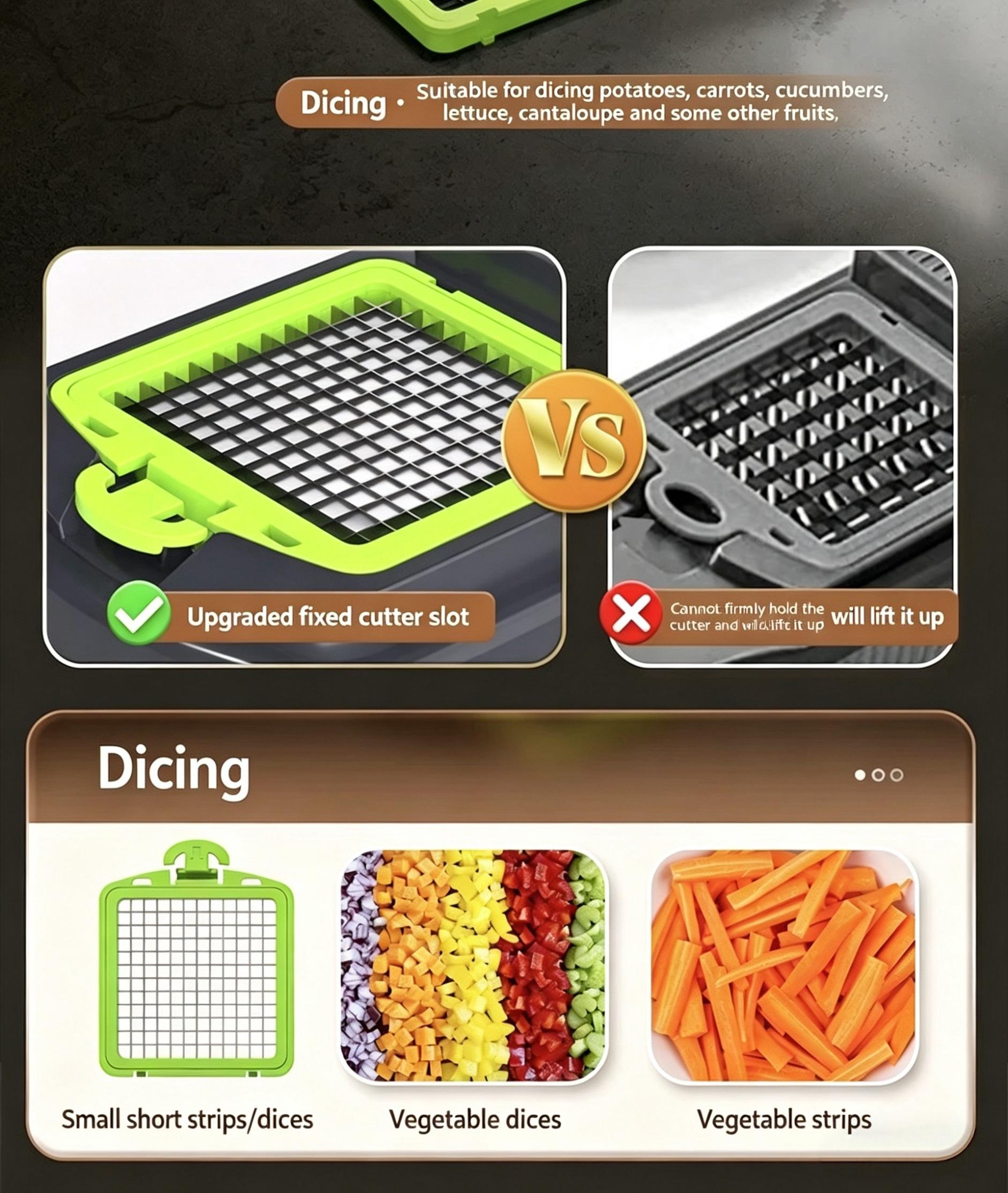 Multifunctional Vegetable Chopper, Kitchen Mandoline Slicer for Potato, Carrot & Cucumber, Easy Food Dicer Cutter Shredder Grater with Stainless Steel Blades, Time-Saving Cooking Tool for Home & Commercial Use