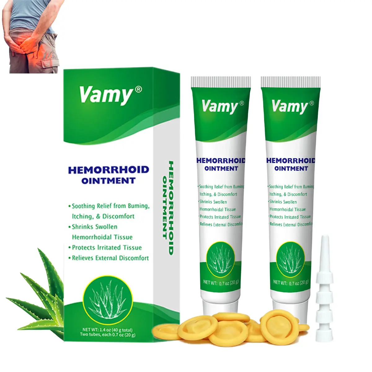 VAMY Unisex Hemorrhoid Treatment Cream - Soothing Aloe-Rich Formula for Skin Irritation, Pain & Itching Relief - For Sensitive Skin, 1.4 oz with Finger Cots