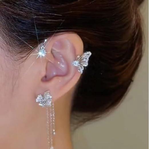 2PCS Butterfly Ear Cuffs Earrings for Women Rhinestone Butterfly Ear Wrap No Piercing Ear Cuff Clip Wrap On Earrings