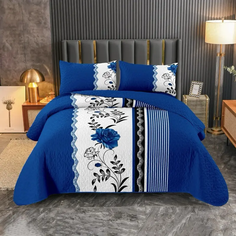 Elegant 3-Piece Bedspread Set with Sheets Soft Microfiber Fabric Coordinated Look Floral Pattern Blue Stripes Decorative Bedding for Bedroom