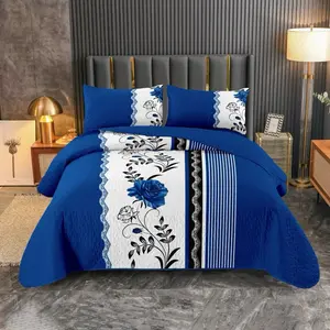Elegant 3-Piece Bedspread Set with Sheets Soft Microfiber Fabric Coordinated Look Floral Pattern Blue Stripes Decorative Bedding for Bedroom