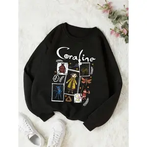 (Sale Off Up To 50%25) Women's Cartoon Coraline Graphic Print Crew Neck Sweatshirt, Casual Long Sleeve Pullover, Women's Fall & Winter Clothes for Daily Wear, Go Out Tops, Trending Clothing Women, Clothes for Women, Womenswear