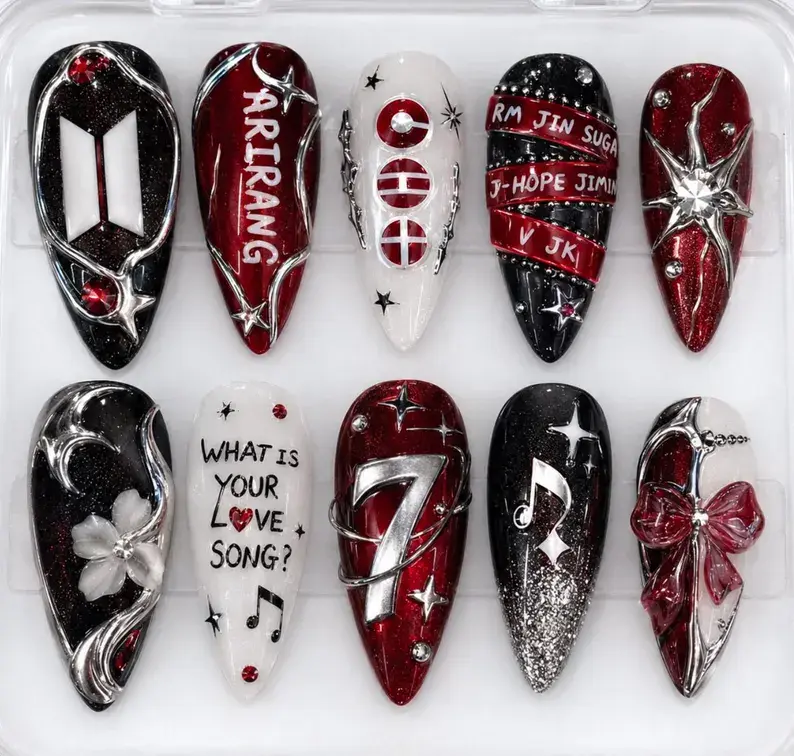 Arirang Love Song Press On Nails | OT7 Red Black Chrome Nails | BTS Logo Concert Nails | Handmade Gel Nails | ARMY Fan Gift | Kpop Nails