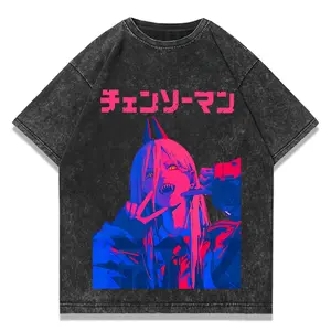 valentine shirts Anime Chainsaw Man Vintage Washed T-shirtPava Devil Graphic T Shirts Men Women Casual Fashion T-shirts